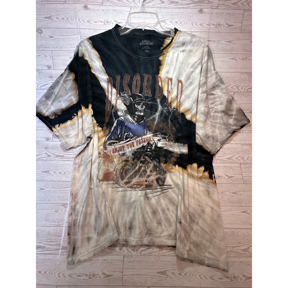 Social Collision Graphic Tee Men L/XL Black Bleached Skeleton Biker